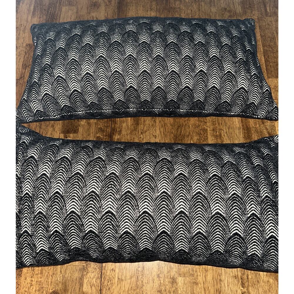 Black Jacquard Westex Woven Lumbar Pair Of Throw Pillows Feather Down 24 X 12”